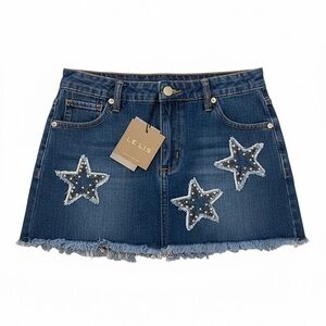 Le Lis Navy Denim Mini Skirt with Pearl-Star Embellishments